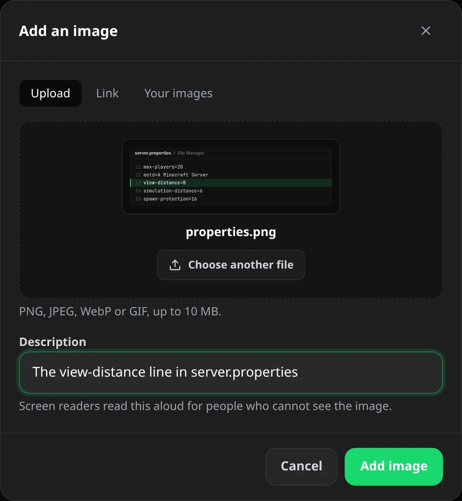 Add an image with a screenshot chosen and its description filled in