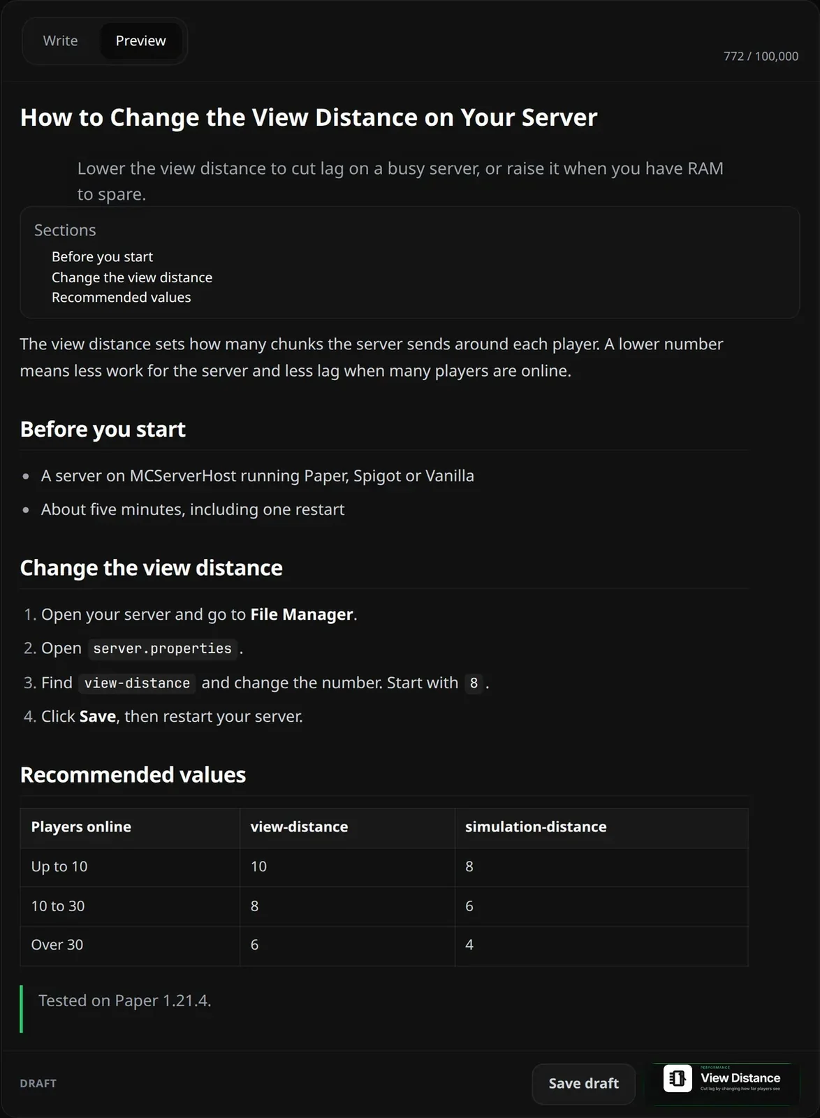 The Preview tab showing headings, lists, code and a table