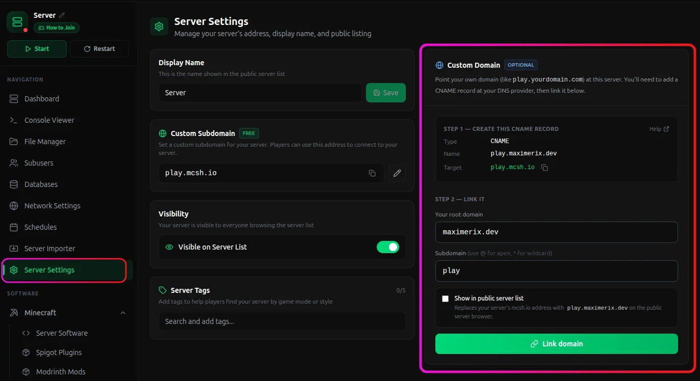 Custom Domain section