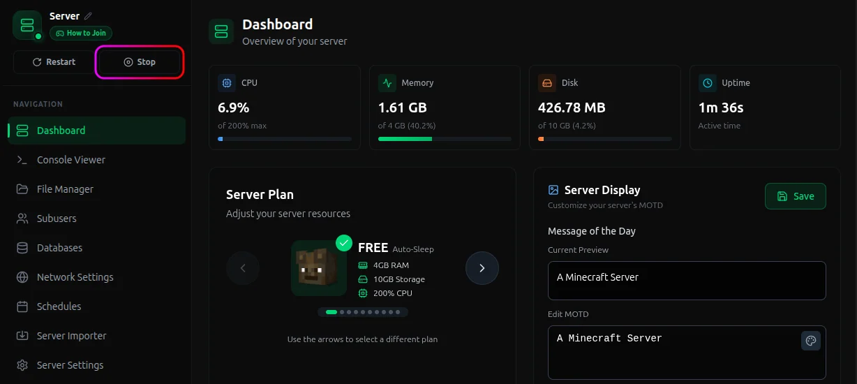 Stop server button
