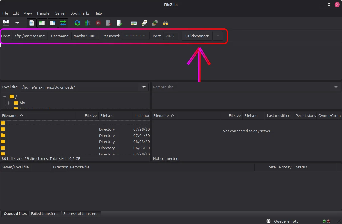 FileZilla Quickconnect
