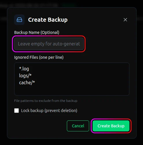 Create backup dialog